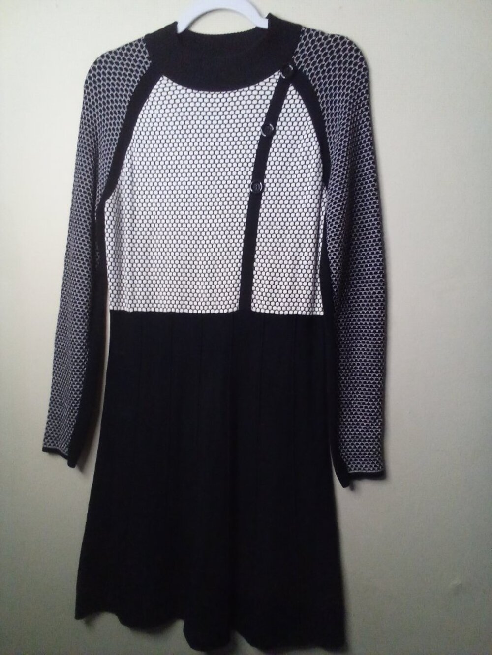 Yuka Dress Women T3 L Long Sleeve Textured Pattern Black White